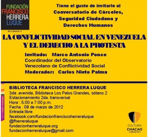 Lee más sobre el artículo CONVERSATORIO DE DDHH: CONFLICTIVIDAD SOCIAL EN VENEZUELA (08/03/2012)