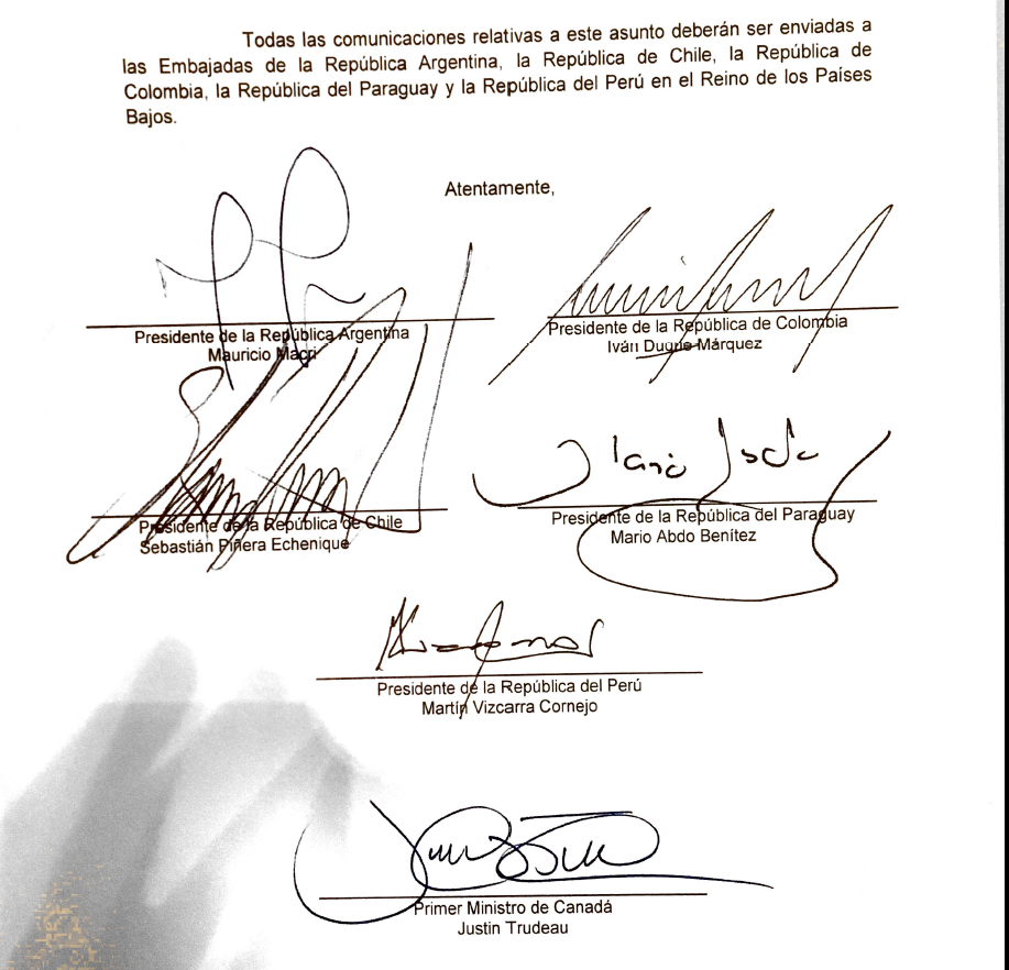 En este momento estás viendo Carta dirigida a la Corte Penal Internacional por parte de Argentina, Colombia, Chile, Paraguay, Perú y Canadá sobre crímenes de Lesa Humanidad en Venezuela