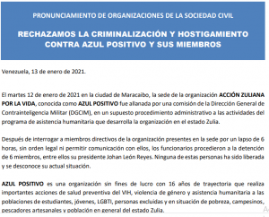 Lee más sobre el artículo Pronunciamiento de la Sociedad Civil Rechazo a la criminalización y hostigamiento contra AZUL POSITIVO y sus miembros