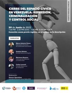 Lee más sobre el artículo Evento paralelo #HRC50   Cierre del Espacio Cívico en Venezuela: represión, criminalización y control social